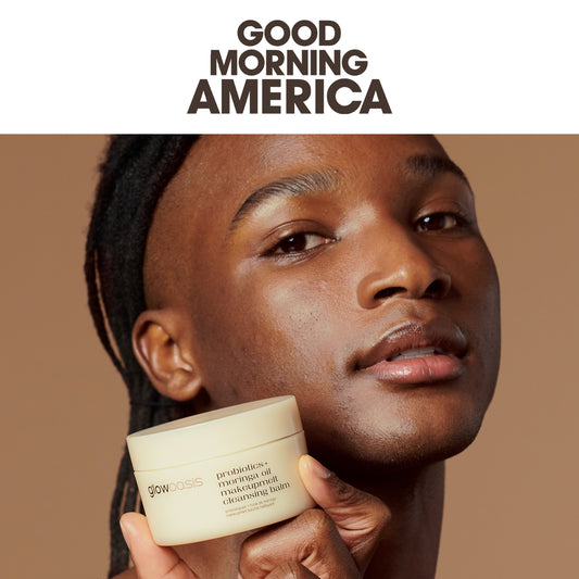 male holding glowoasis vegan probiotics moringa oil makeupmelt cleansing balm the probiotics cleanser featured in Good Morning America & 40 Boxes