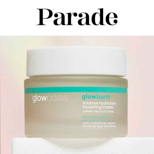a banner showcasing glowburst intense hydration boosting cream featured on Parade press publication