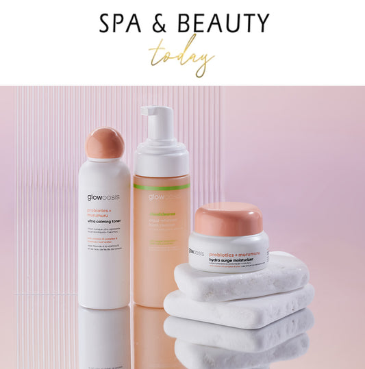 glowoasis vegan probiotic ready, set, glow trio in Spa & Beauty Today. Features cloudcleanse daily gentle cleanser, murumuru ultra calming toner, and hydra surge moisturizer cream.