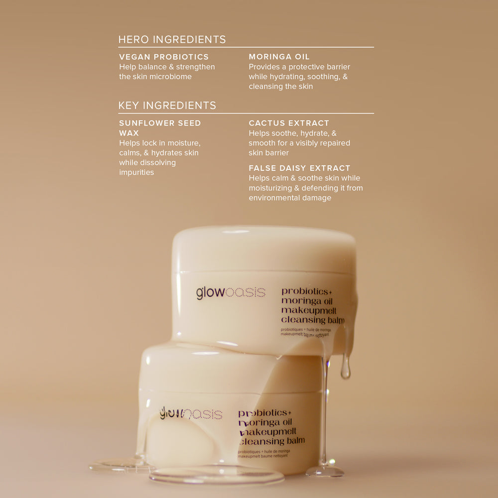 glowoasis vegan probiotic + moringa oil makeupmelt cleansing balm’s key ingredients for effective makeup removal.