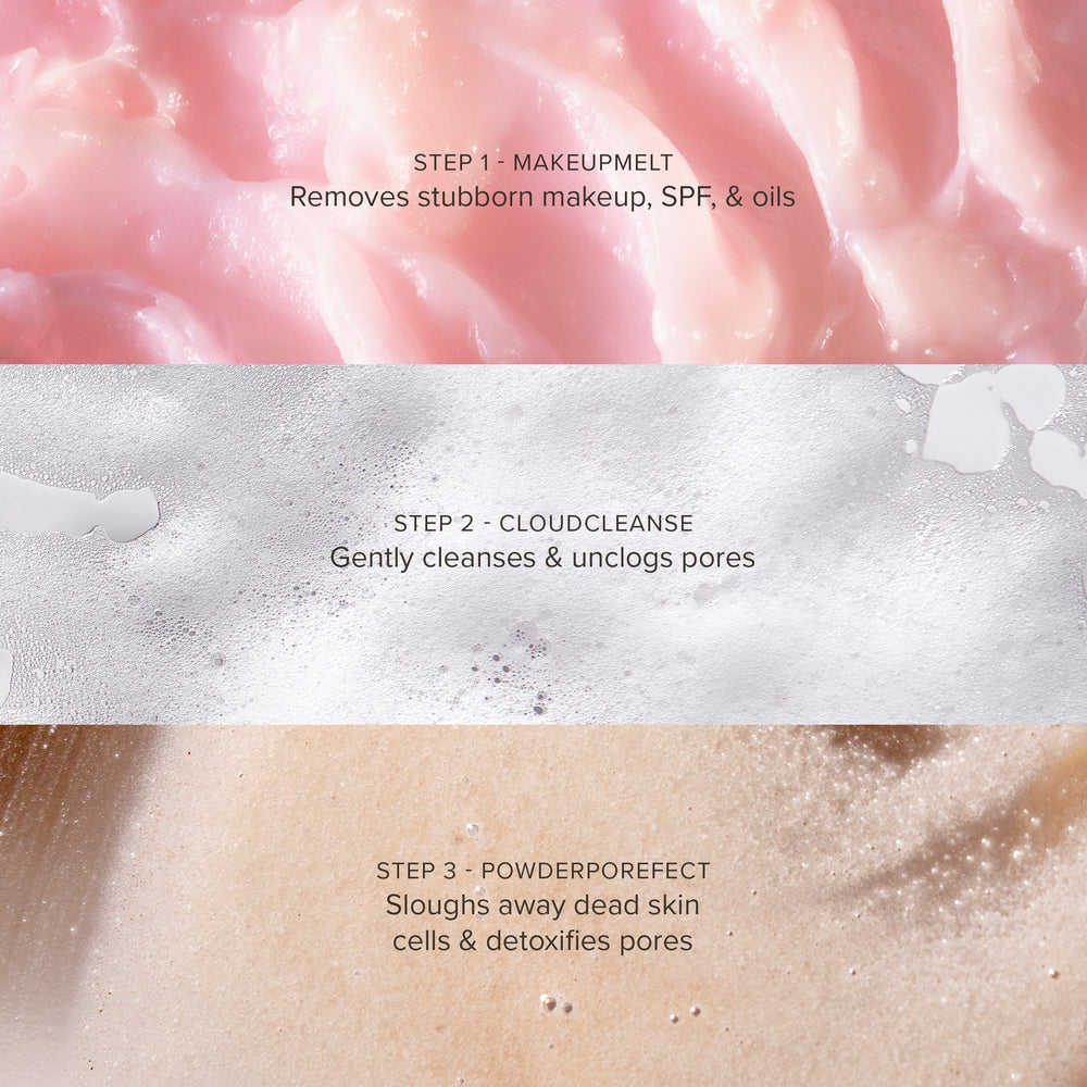 Texture images of glowoasis vegan probiotic mini cleanser trio of gentle daily cleansers in use.