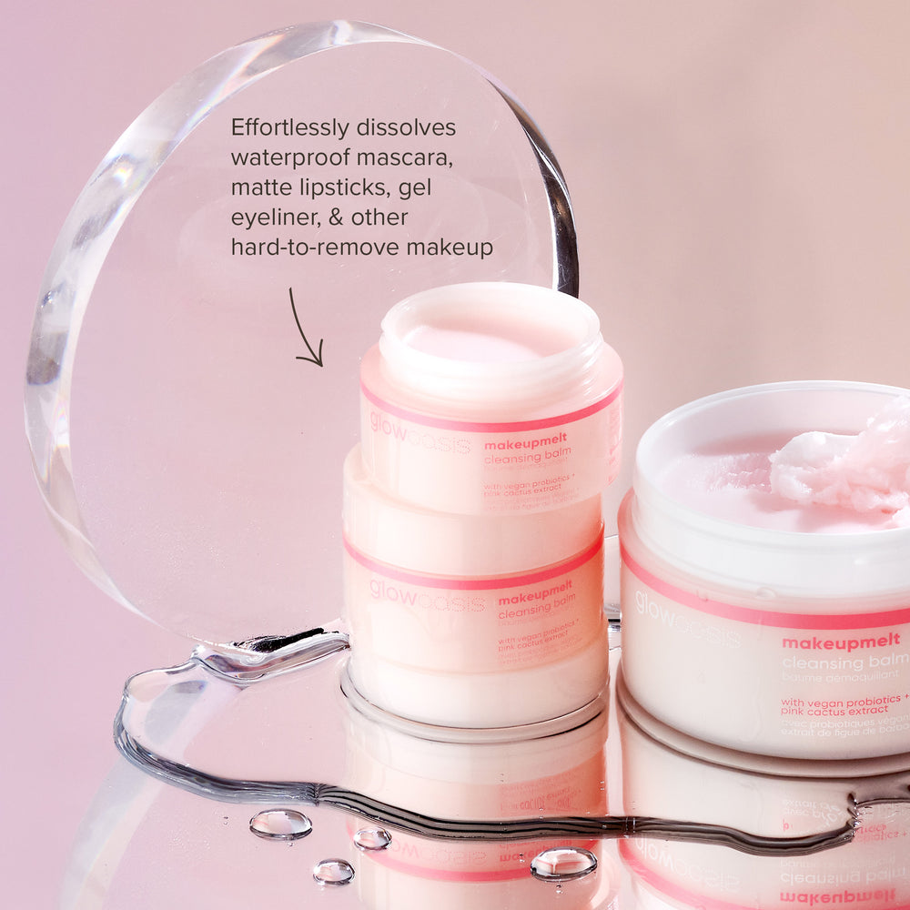 Three jars of glowoasis vegan probiotic makeupmelt cleansing balm for effortless makeup removal.