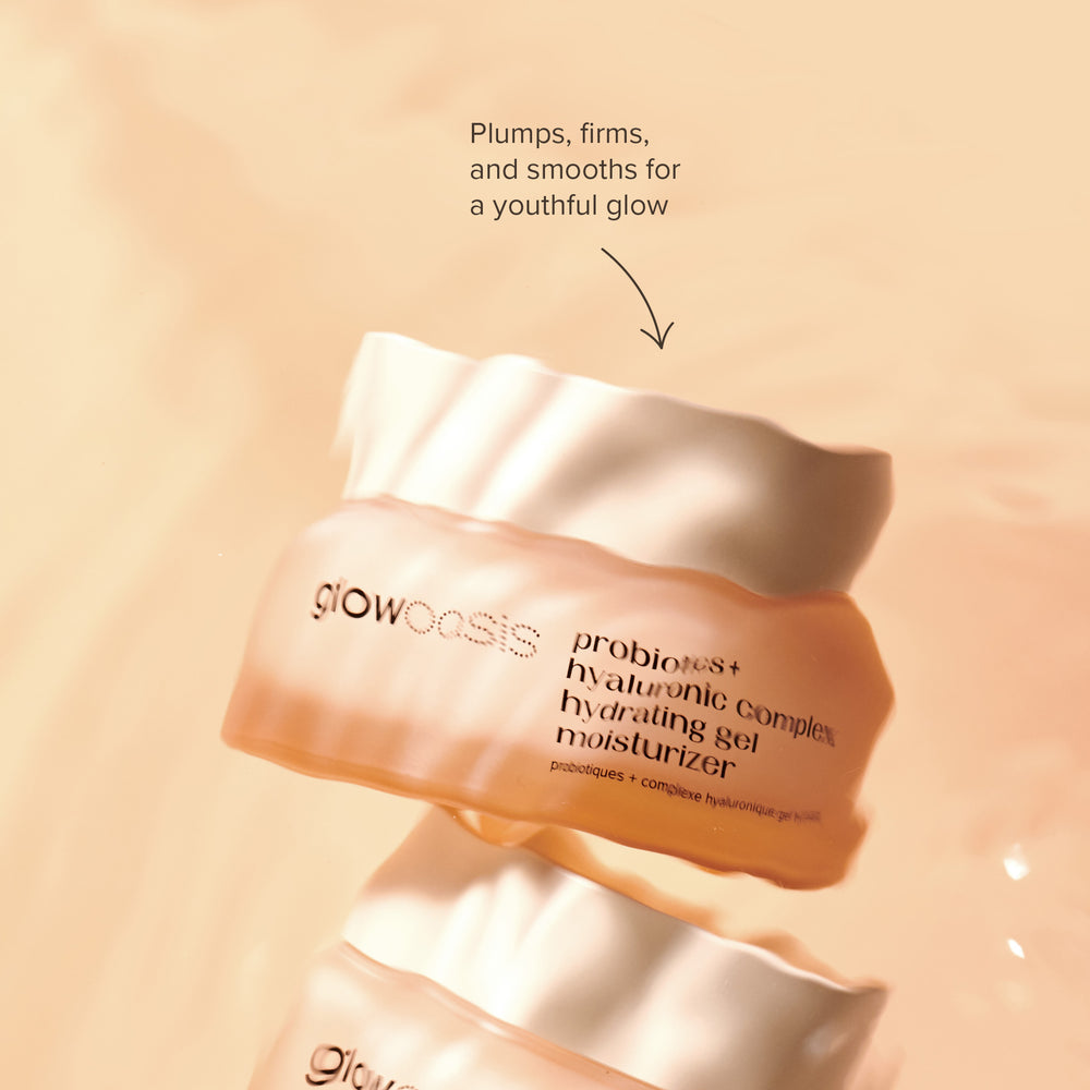 glowoasis vegan probiotic hyaluronic complex hydrating gel moisturizer submerged in water.