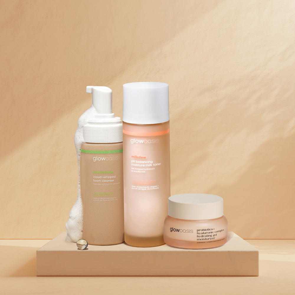 cloudcleanse, milkdew and probiotics + hyaluronic complex hydrating gel moisturizer.