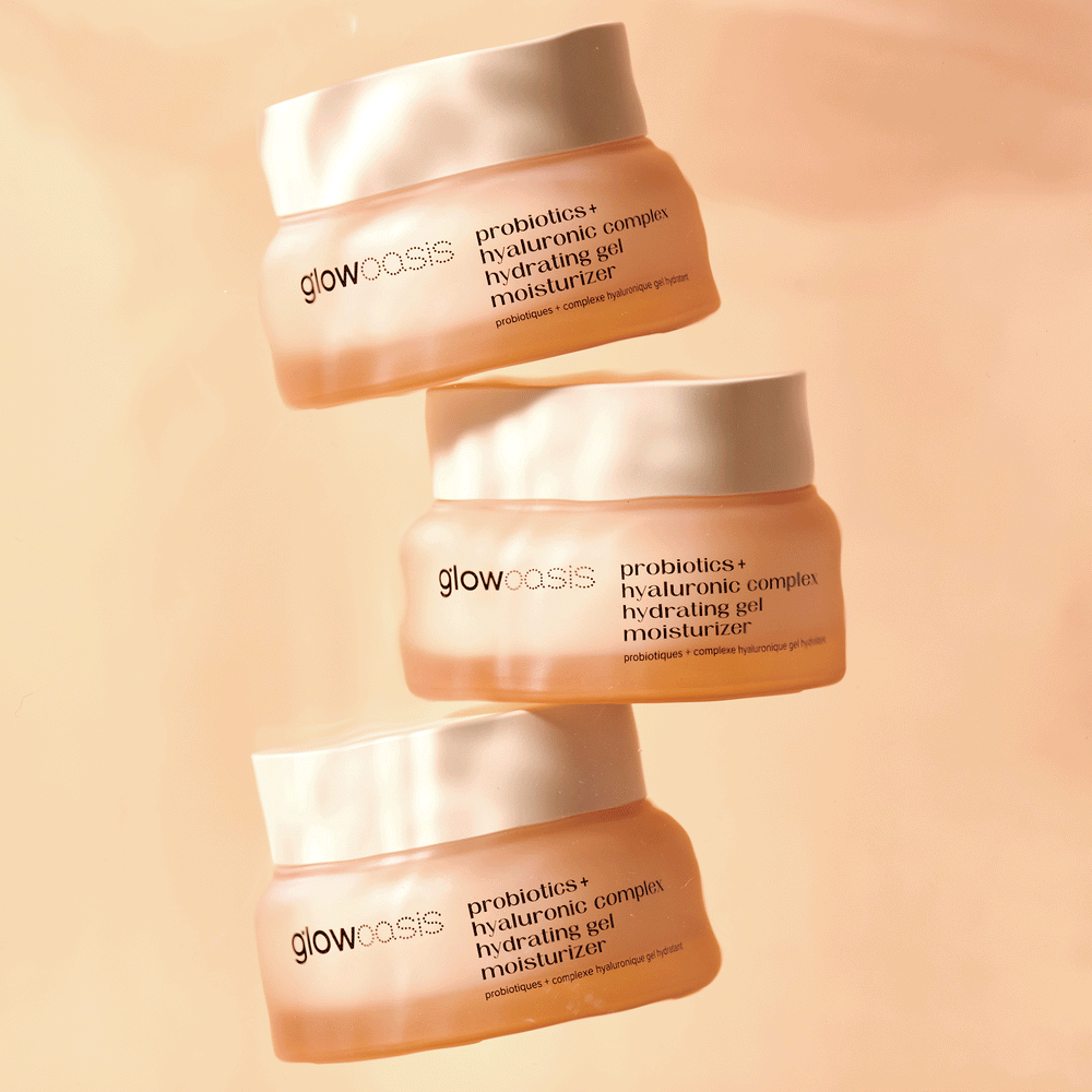 glowoasis vegan probiotics + triple hyaluronic complex hydrating gel moisturizer submerged in liquid.