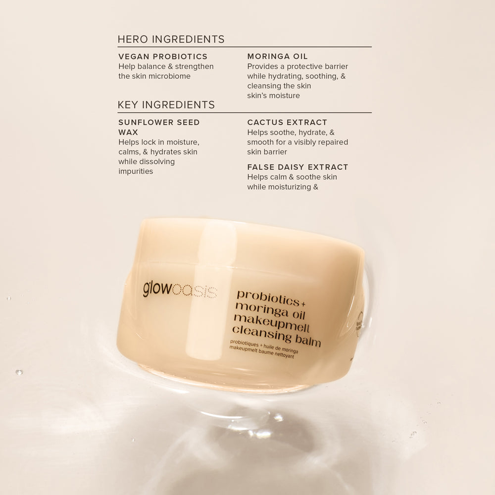 glowoasis vegan probiotics moringa oil makeupmelt cleansing balm floating in liquid showcasing clean, vegan skincare ingredients with sunflower seed wax, false daisy extract, and cactus extract.