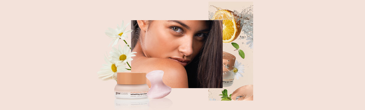 a banner showcasing woman, probiotics + triple peptide refreshing eye cream and rose quartz eye massager 
