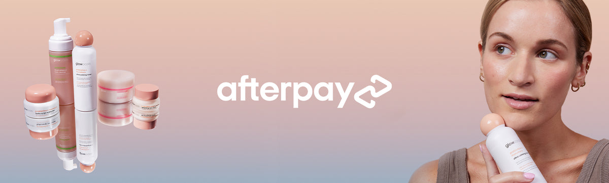 image of glowoasis products reflecting on a gradient background with the afterpay logo and a woman with glowing skin