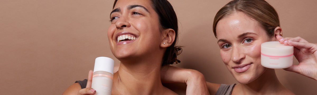 Models smiling and laughing while holding up milkdew toner and makeupmelt cleansing balm