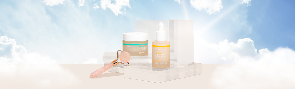  glowshot supercharged hydrating serum, glowburst intense hydration boosting cream and rose quartz face roller 