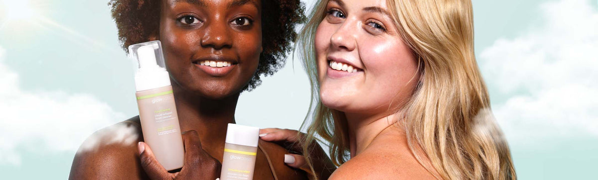 two women showcasing cloudcleanse cloud-whipped foam cleanser and powderporefect powder-to-foam enzyme cleanser 