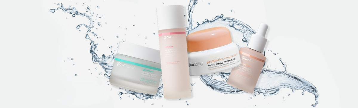 glowburst intense hydration boosting cream, milkdew moisture toner, probiotics + murumuru hydra surge moisturizer and glowshot supercharged hydrating serum