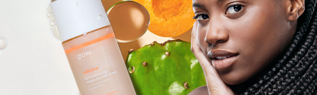 image of model next to milkdew pH balancing moisture milk toner with picture of blue agave extract and apricot oil