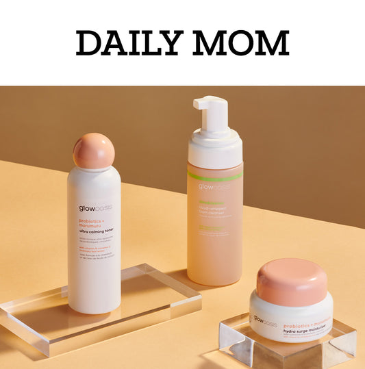 glowoasis vegan probiotic ready, set, glow trio in Daily Mom. Features cloudcleanse daily gentle cleanser, murumuru ultra calming toner, and hydra surge moisturizer cream.