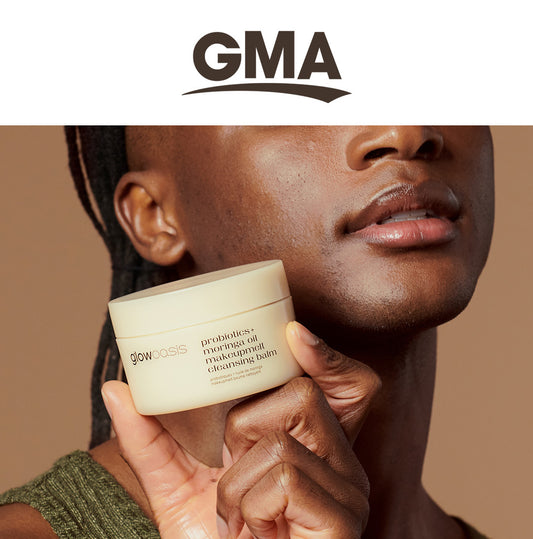 male holding glowoasis vegan probiotics and moringa oil makeupmelt cleansing balm for effortless makeup removal, as seen on Good Morning America.