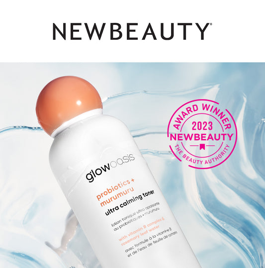 glowoasis vegan probiotoics and murumuru butter ultra calming toner with 2023 NewBeauty award winner seal for best calming toner.