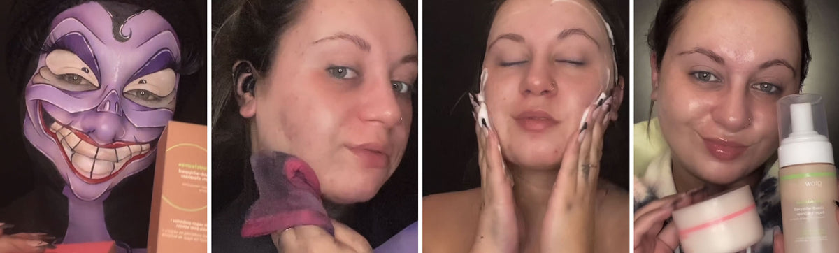 a woman showcasing how she is removing halloween makeup using makeupmelt cleansing balm and cloudcleanse cloud-whipped foam cleanser