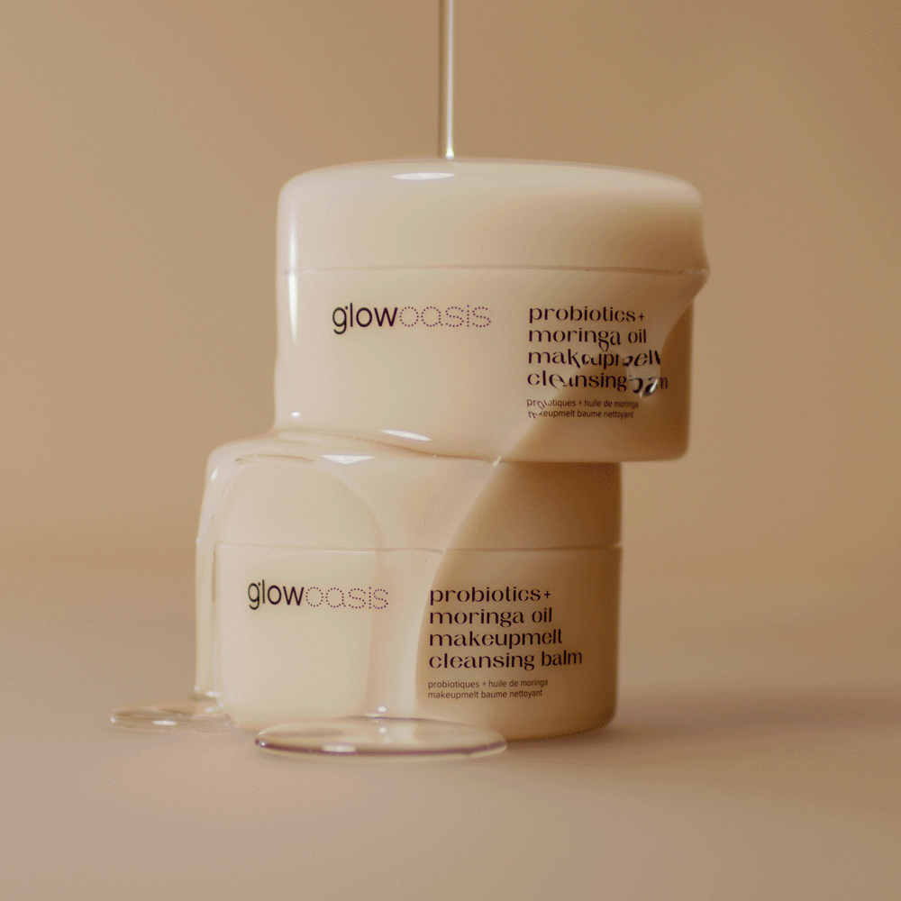 glowoasis vegan probiotic best selling kit textures, featuring makeupmelt cleanser, milkdew pH balancing toner, and glowshot hydrating serum.