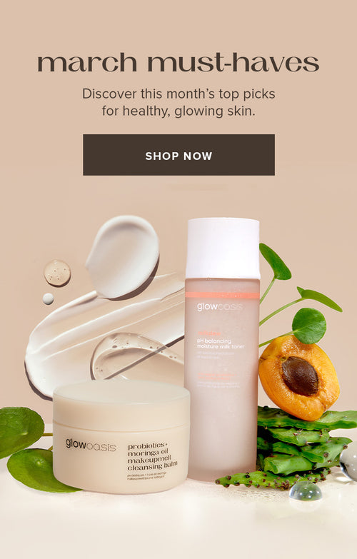 glowoasis probiotics + moringa oil makeupmelt makeup remover and milkdew pH balancing toner arranged on a beige background with ingredients like apricot and cica extract displayed alongside texture swatches.