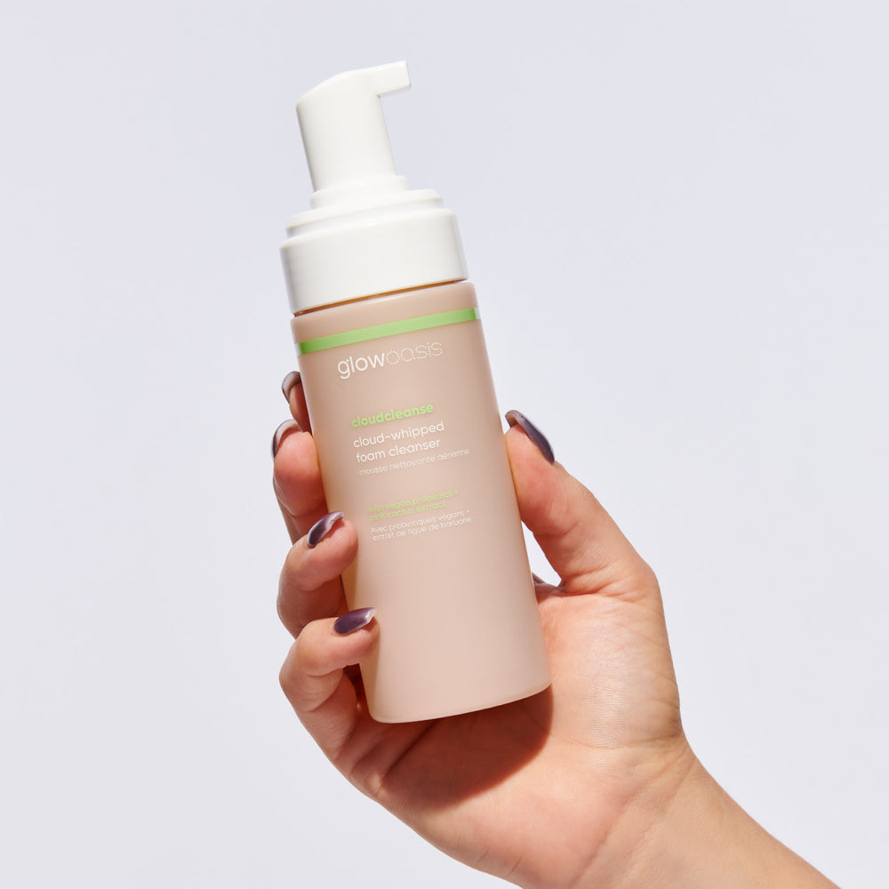 glowoasis vegan probiotics cloudcleanse cloud whipped gentle daily foam cleanser that is good for all skin types and effectively treats dryness, dehydration, acne, blemishes, dullness, uneven skin texture, and sensitivity.