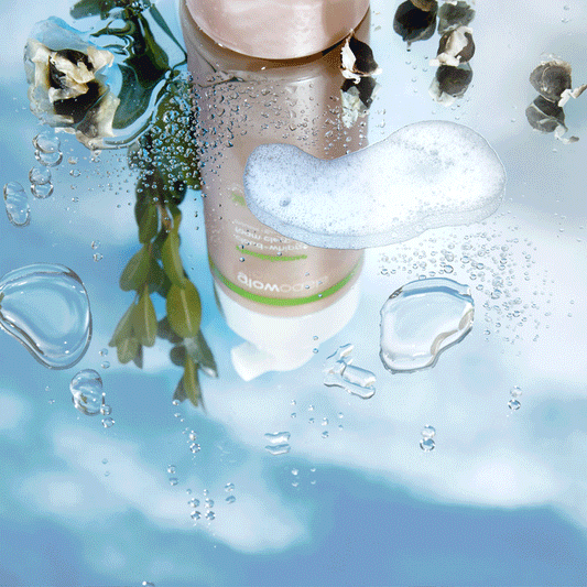 glowoasis vegan probiotics cloudcleanse cloud whipped gentle daily foam cleanser reflecting off mirror.