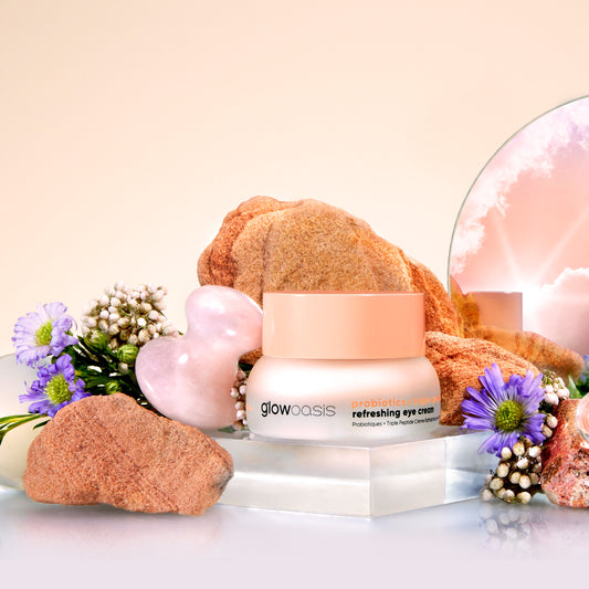 glowoasis vegan probiotics refreshing duo featuring anti aging triple peptide refreshing eye cream and rose quartz eye massager.