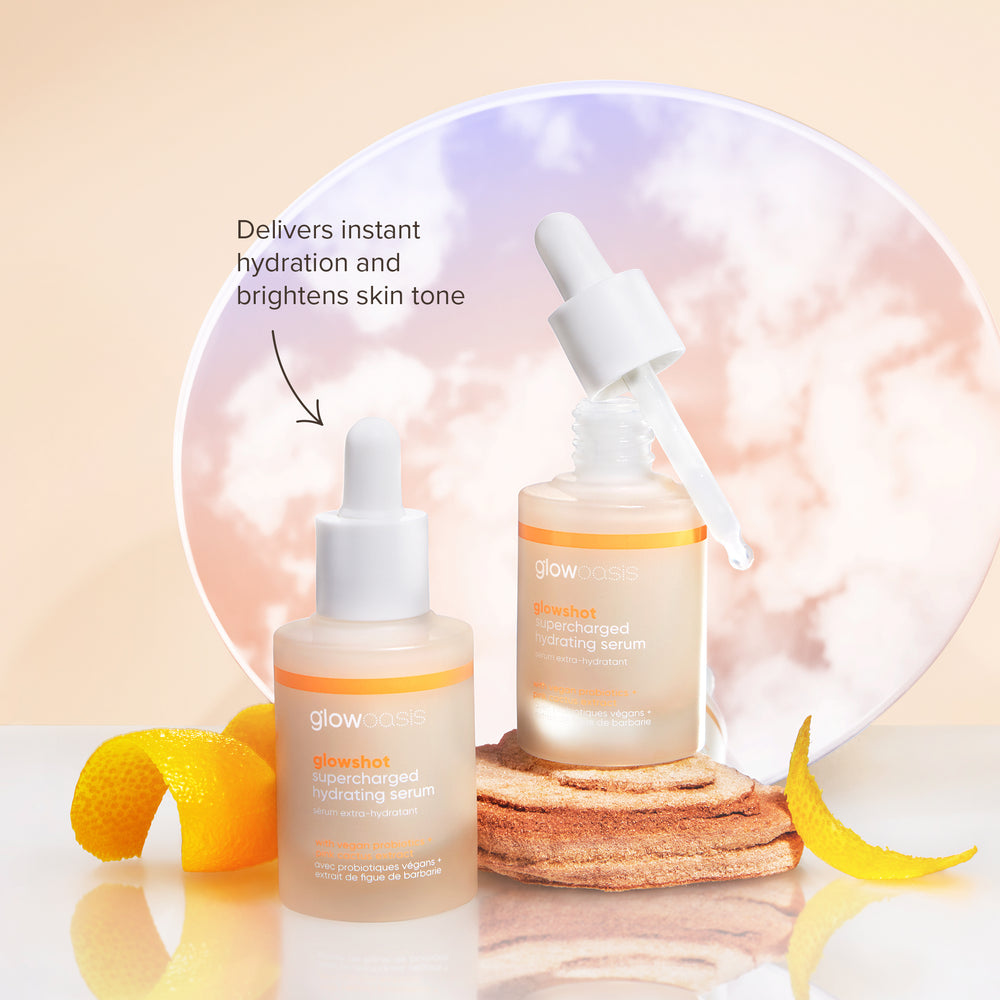glowoasis vegan probiotics glowshot duo supercharged hydrating serum kit that is packed with powerful ingredients for bright and hydrated skin.