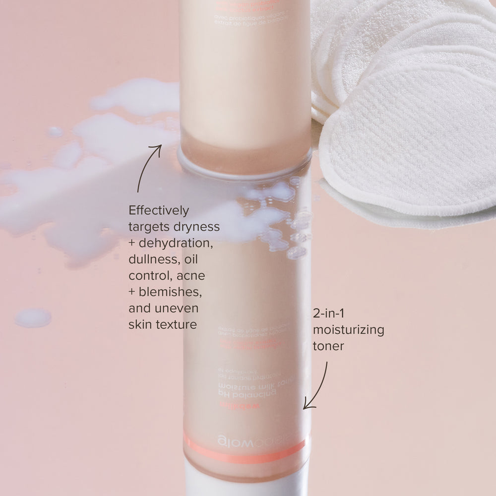 glowoasis vegan probiotics milkdew pH balancing moisture milk toner that is good for all skin types and effectively treats dryness, dehydration, dullness, oil control, acne, blemishes, and uneven skin texture.