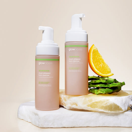 two bottles of glowoasis vegan probiotics cloudcleanse cloud whipped gentle daily foam cleanser 