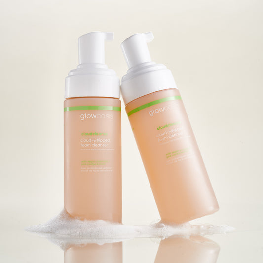 two bottles of glowoasis vegan probiotics cloudcleanse cloud whipped gentle daily foam cleanser